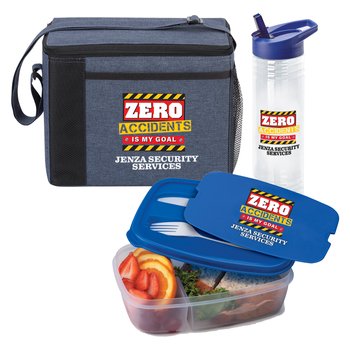 Workplace Safety Blue Grayson Cooler Bag, Solara Water Bottle, & 2-Section Food Container - Personalized from Positive Promotions