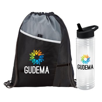 Drawstring Backpack & Solara Water Bottle - Personalization Available from Positive Promotions