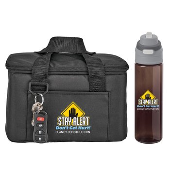 Workplace Safety Black Chill Box 6-Can Insulated RPET Lunch/Cooler Bag & Sip-N-Chug Dual Sip Water Bottle 28-oz. from Positive Promotions