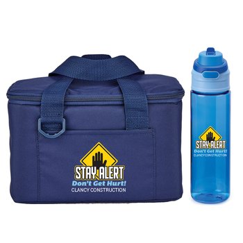 Workplace Safety Blue Chill Box 6-Can Insulated RPET Lunch/Cooler Bag & Sip-N-Chug Dual Sip Water Bottle 28-oz. from Positive Promotions