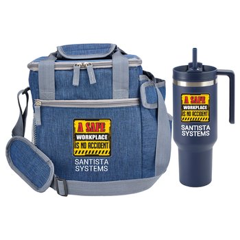 Workplace Safety Navy Riverside Deluxe Cooler With Tumbler Pocket & Quencher Tumbler 40-oz. - Personalized from Positive Promotions