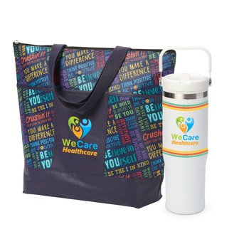 Motivational Malibu Tote Bag & Coldflow Bottle 30 oz. Gift Set - Personalization Available from Positive Promotions