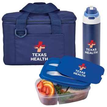 Chill Box Lunch/Cooler Bag, 2-Section Food Container & Sip-N-Chug Water Bottle 24-oz. from Positive Promotions
