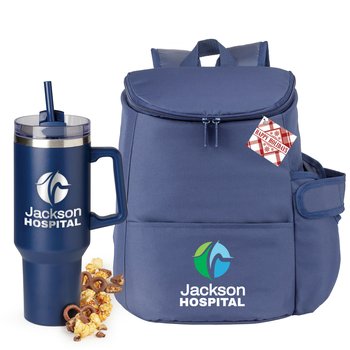 Navy Hydro 2.0 12-Can Insulated Backpack Cooler With Tumbler Pocket & Biggie Stainless-Steel Tumbler 40 oz. Gift Set With Holiday Gift Tag - Personalization Available from Positive Promotions