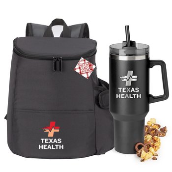 Black Hydro 2.0 12-Can Insulated Backpack Cooler With Tumbler Pocket & Biggie Stainless-Steel Tumbler 40 oz. Gift Set With Holiday Gift Tag - Personalization Available from Positive Promotions