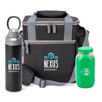 Riverside Lunch/Cooler Bag/On-the-Go Salad Mason Jar/Sip+CHug Dougle-Wall Stainless Ins Bottle from Positive Promotions
