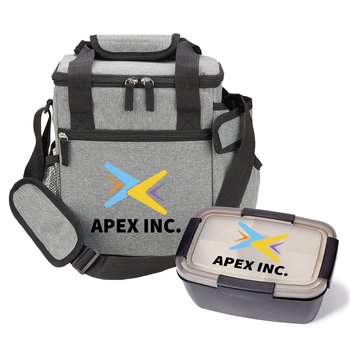 Gray Riverside Deluxe Lunch/Cooler Bag With Tumbler Pocket & Gray Food Container Gift Set - Personalization Available from Positive Promotions