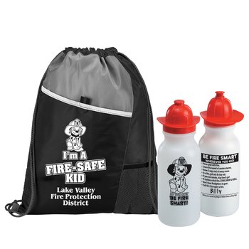 I'm A Fire-Safe Kid Deluxe Drawstring Backpack & Do Your Part: Be Fire Smart! Water Bottle Combo - Personalization Available from Positive Promotions