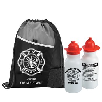 Maltese Cross Deluxe Drawstring Backpack & Practice Fire Safety Every Day Water Bottle Combo - Personalization Available from Positive Promotions