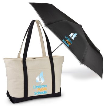 Oversized Cotton Tote & rPET/UV Umbrella Gift Set - Personalization Available from Positive Promotions