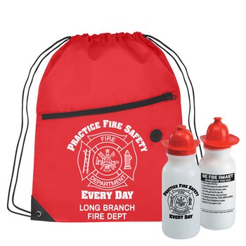 Red Practice Fire Safety Every Day Drawstring Backpack With Water Bottle Combo - Personalization Available from Positive Promotions