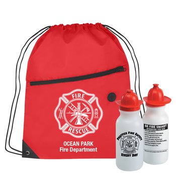 Maltese Cross Drawstring Backpack With Practice Fire Safety Every Day Water Bottle Combo - Personalization Available from Positive Promotions