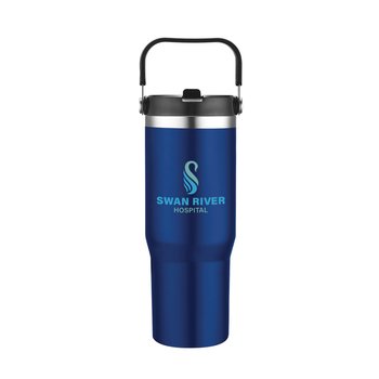 Cedar Double-Walled Stainless-Steel Vacuum Travel Mug 30 oz. With Carrier - Full-Color Personalization Available from Positive Promotions