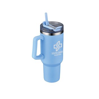 Adventurer Double-Walled Stainless-Steel Travel Mug 40 oz. With Handle & Straw - Laser-Engraved Personalization Available from Positive Promotions