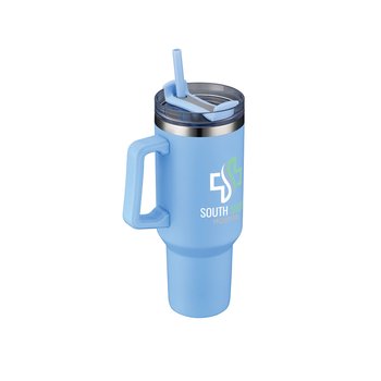Adventurer Double-Walled Stainless-Steel Travel Mug 40 oz. With Handle & Straw - Full-Color Personalization Available from Positive Promotions