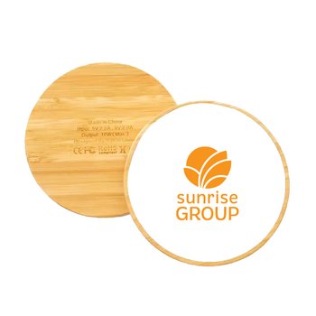 Round Eco-Friendly Bamboo & Acrylic Wireless Charging Pad - One-Color Personalization Available from Positive Promotions