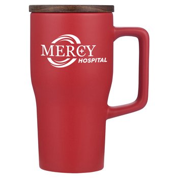 Stoneware Ceramic Tumbler Mug with Handle & Wood Lid 18 oz. - Personalization Available from Positive Promotions