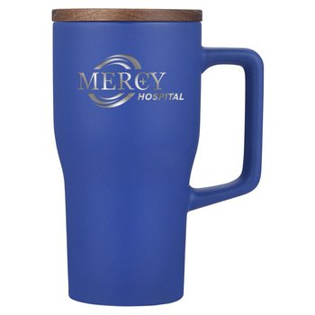 Stoneware Ceramic Tumbler Mug with Handle & Wood Lid 18 oz. - Laser - Personalization Available from Positive Promotions
