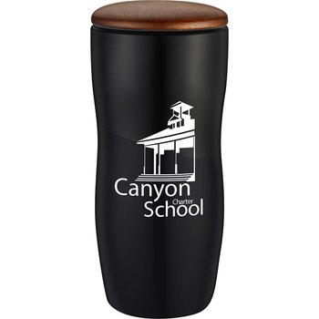 Double-Wall Ceramic Tumbler 12 oz. With Wood Lid - One-Color Personalization Available from Positive Promotions