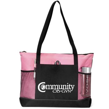 Pink Mardi Gras Pocket Tote - One-Color Personalization Available from Positive Promotions