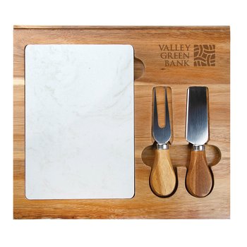4-Piece Acacia Wood & Marble Charcuterie Set - Laser-Engraved Personalization Available from Positive Promotions