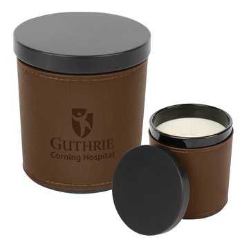 Vanilla-Scented Soy Candle with Leatherette Sleeve - Debossed Personalization Available from Positive Promotions