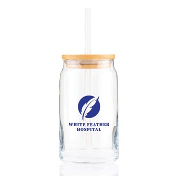 Glass Can with Bamboo Lid & Silicone Straw 16-Oz. - Personalization Available from Positive Promotions