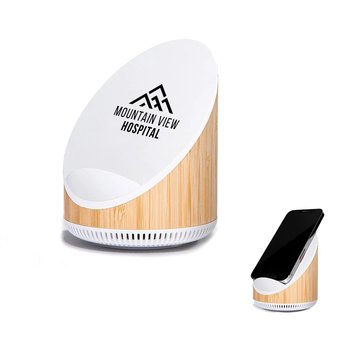 3-in-1 Bamboo Wireless Charger, Bluetooth® Speaker, & Phone Stand - Personalization Available from Positive Promotions