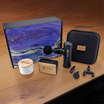 Massage Gun, Bamboo Speaker, & Candle Gift Set - Laser-Engraved Personalization Available from Positive Promotions