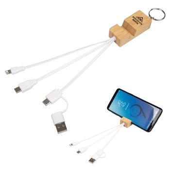 Bamboo Phone Stand Keyring with Charging Cables 6 1/2