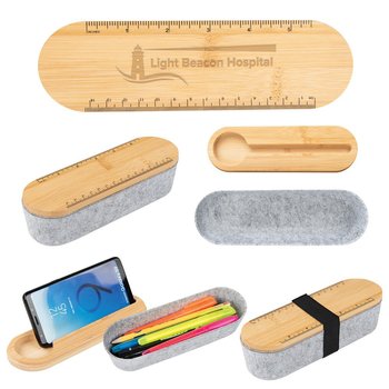 Recycled Felt Bamboo Pencil Box - Laser-Engraved Personalization Available from Positive Promotions