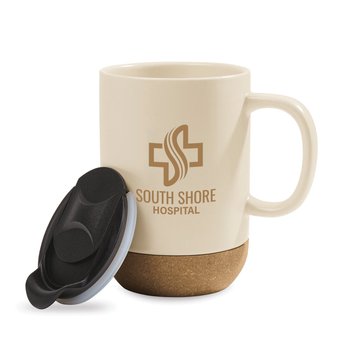 Vida Ceramic Mug 14 oz. With Lid & Cork Bottom - One-Color Personalization Available from Positive Promotions