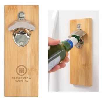 Magnetic Bamboo Wall-Mount Bottle Opener - Laser-Engraved Personalization Available from Positive Promotions