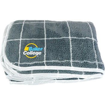 Recycled rPET Gray & White Plaid Sherpa Blanket - Full-Color Personalization Available from Positive Promotions