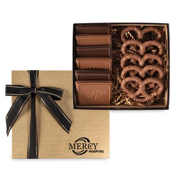 Chocolate Cookies & Pretzels Gift Box - One-Color Personalization Available from Positive Promotions