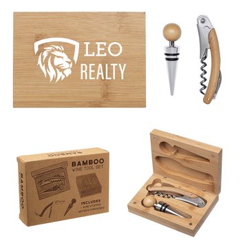 Bamboo Wine Tool Set - One-Color Personalization Available from Positive Promotions