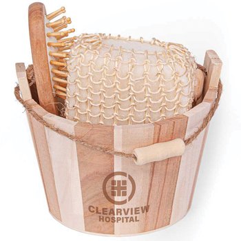 Wooden Bath Massage Bucket 5-PIece Gift Set - Laser-Engraved Personalization Available from Positive Promotions