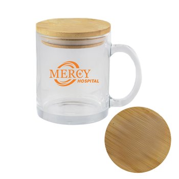 Glass Mug 11 oz. With Bamboo Lid/Coaster - One-Color Personalization Available from Positive Promotions