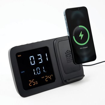Wireless Charger, Clock, Alarm, Weather Phone Stand 15W - Laser-Engraved Personalization Available from Positive Promotions