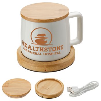 Waterproof Bamboo Mug Warmer Coaster With Mug 8 oz. - One-Color Personalization Available from Positive Promotions
