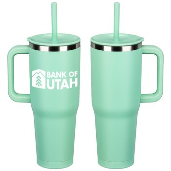 Press-In Straw Lid Stainless-Steel Tumbler Mug 40 oz. With Handle - One-Color Personalization Available from Positive Promotions