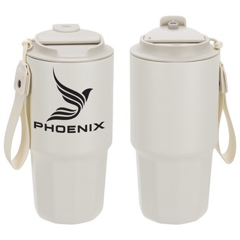 Flip-Top Stainless-Steel Tumbler 21 oz. With Hand Strap - One-Color Personalization Available from Positive Promotions