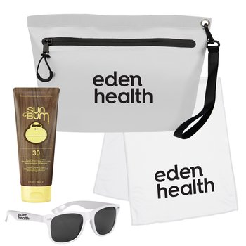 Sunny Day Kit With Dry Pouch, Sun Bum® Sunscreen, Cooling Towel, & Sunglasses - One-Color Personalization Available from Positive Promotions