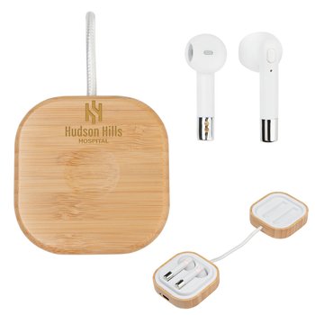 Bamboo Wireless Earbuds With Watch Charging Case - Laser-Engraved Personalization Available from Positive Promotions
