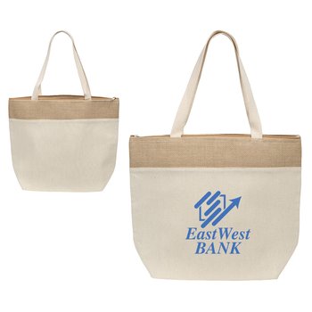 Recycled Cotton & Jute Insulated Cooler Tote Bag - One-Color Personalization Available from Positive Promotions