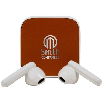 Recycled Faux-Leather & Plastic Wireless Earbuds - Laser-Engraved Personalization Available from Positive Promotions
