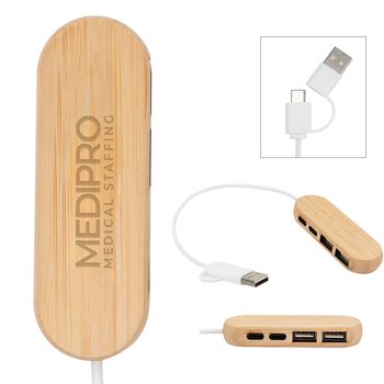 Bamboo Dual-Input Port USB Hub - Laser-Engraved Personalization Available from Positive Promotions