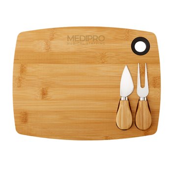Bamboo Charcuterie Board With Silicone Ring & Stainless-Steel Utensils - Laser-Engraved Personalization Available from Positive Promotions