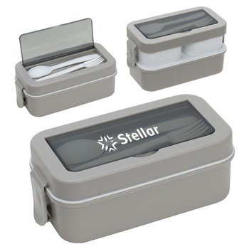 Double-Layer Food Bento Box With Utensils - One-Color Personalization Available from Positive Promotions
