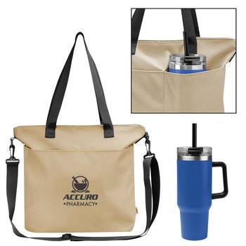 Recycled rPET Tote Bag With Large Front Tumbler Pocket - One-Color Personalization Available from Positive Promotions